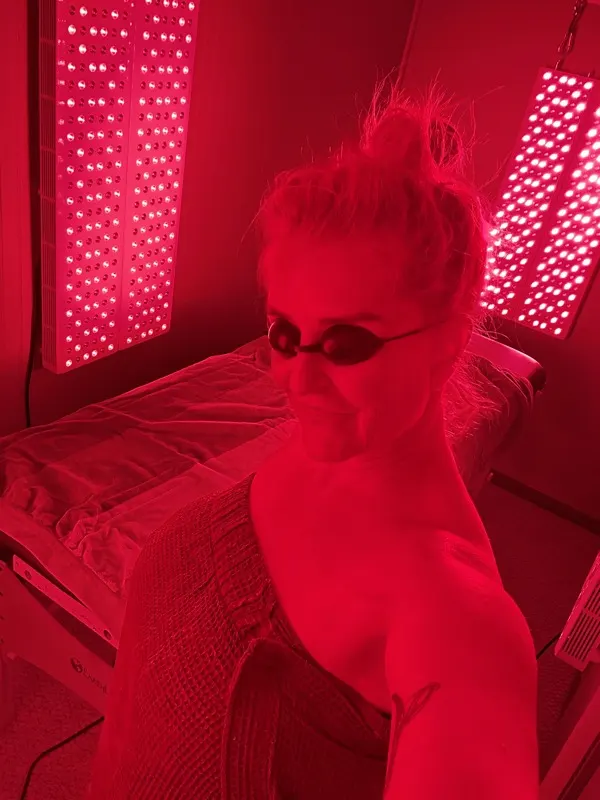 Red light panels glowing in the room